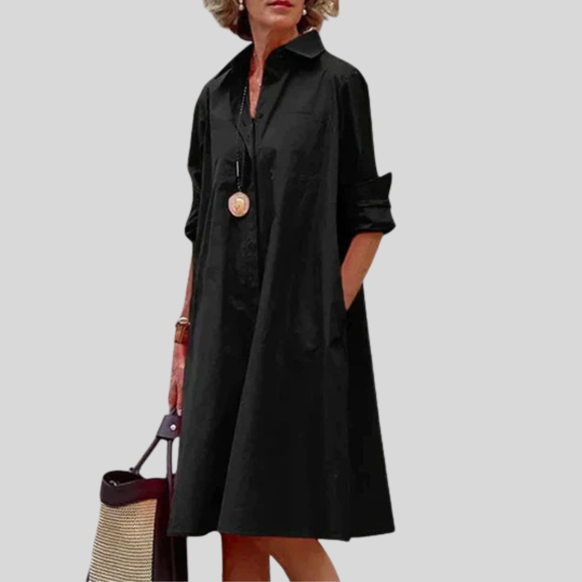 Women's Shirt Midi Dress Relaxed Long Sleeve Pockets