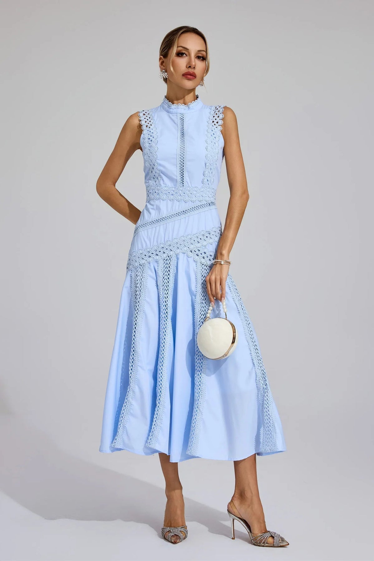 Women's Sleeveless Lace Midi Dress Intricate Detail and A-Line Silhouette