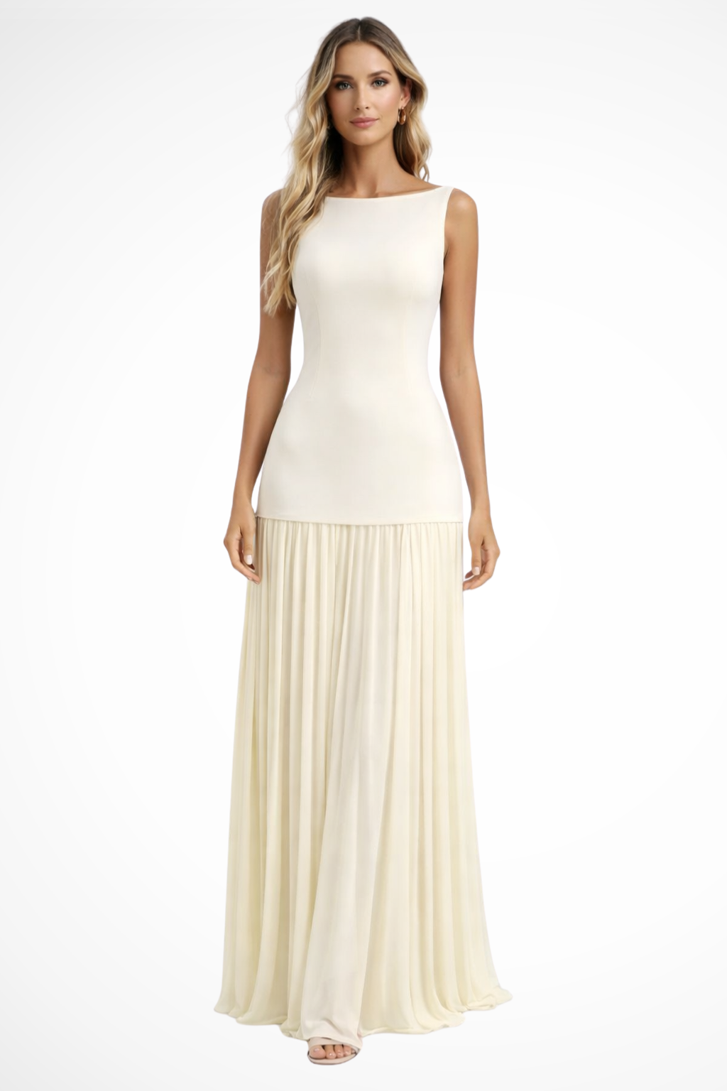 Women's Sleeveless Wedding Guest Maxi Dress - Boat Neck and Pleated Skirt