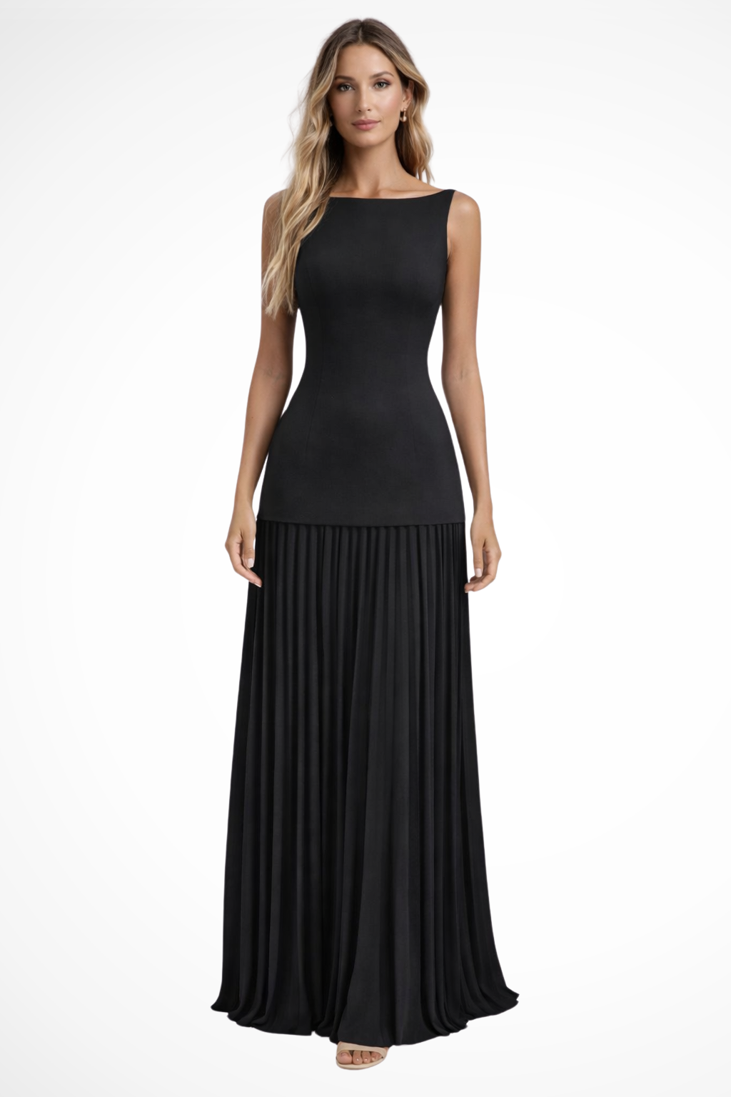 Women's Sleeveless Wedding Guest Maxi Dress - Boat Neck and Pleated Skirt
