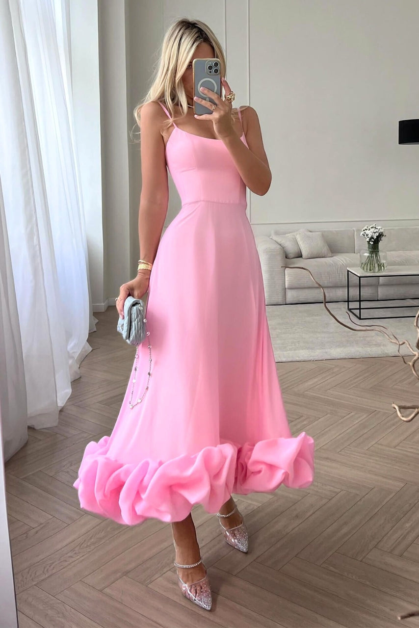 Women's Spaghetti Strap High-Waist Midi Dress - Ruffled Hem Style