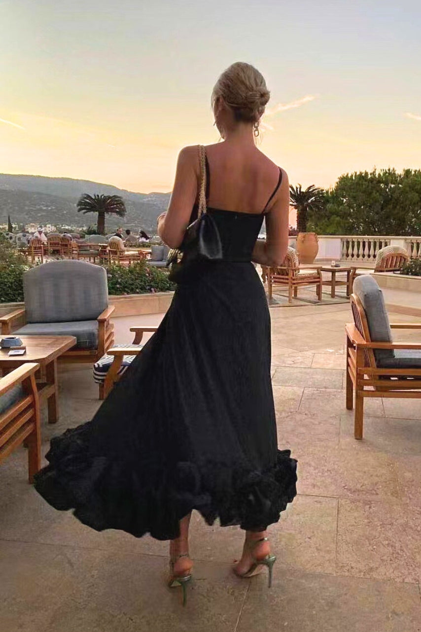 Women's Spaghetti Strap High-Waist Midi Dress - Ruffled Hem Style