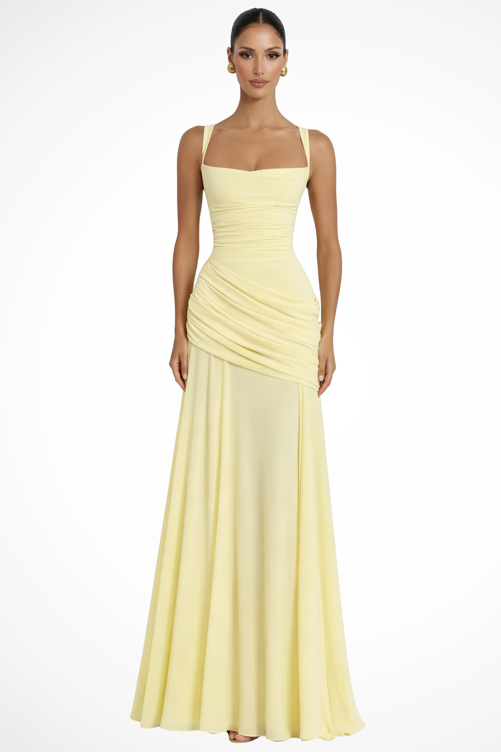 Women's Square Neck Maxi Dress - Ruched Bodice and Draped Skirt Detail