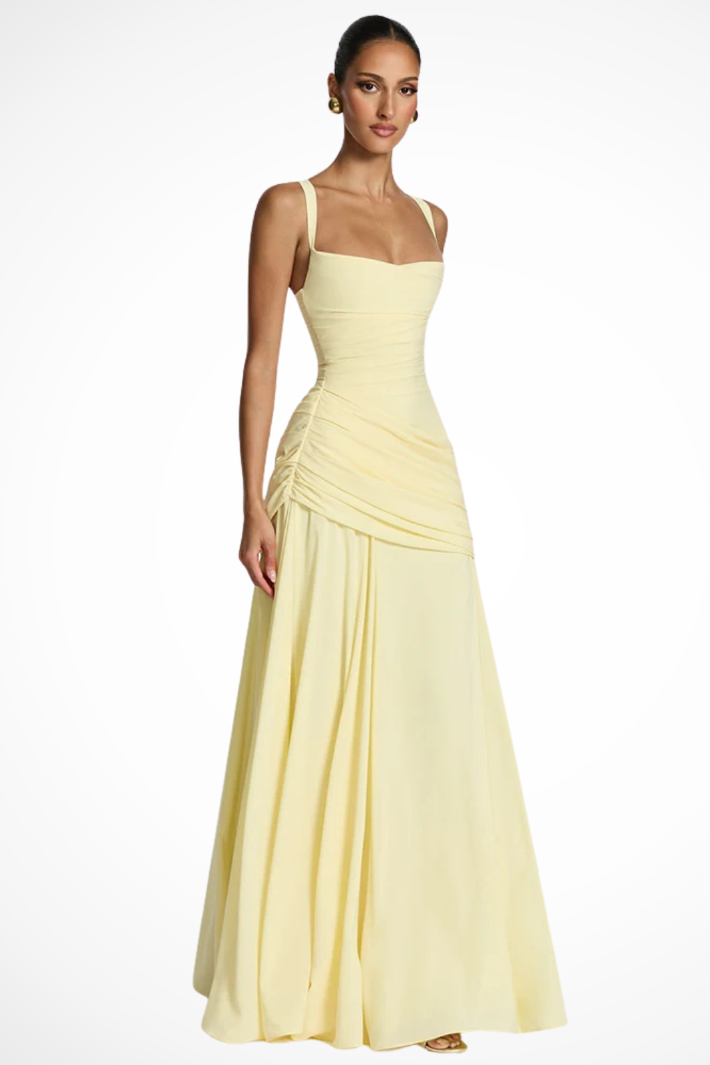 Women's Square Neck Maxi Dress - Ruched Bodice and Draped Skirt Detail