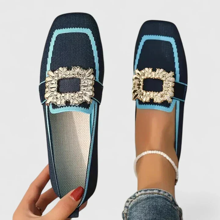 Women's Square Toe Knitted Flats - Jewelled Buckle Detail and Contrast Trim