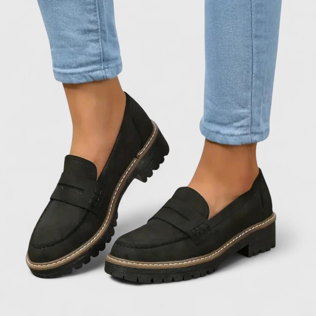 Women’s Suede Penny Loafers - Chunky Lug Sole and Saddle Detail