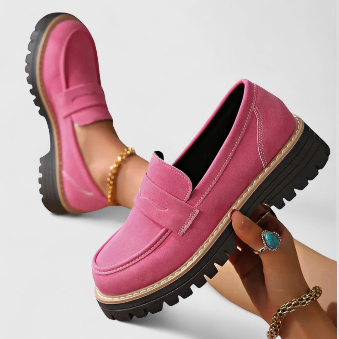 Women’s Suede Penny Loafers - Chunky Lug Sole and Saddle Detail