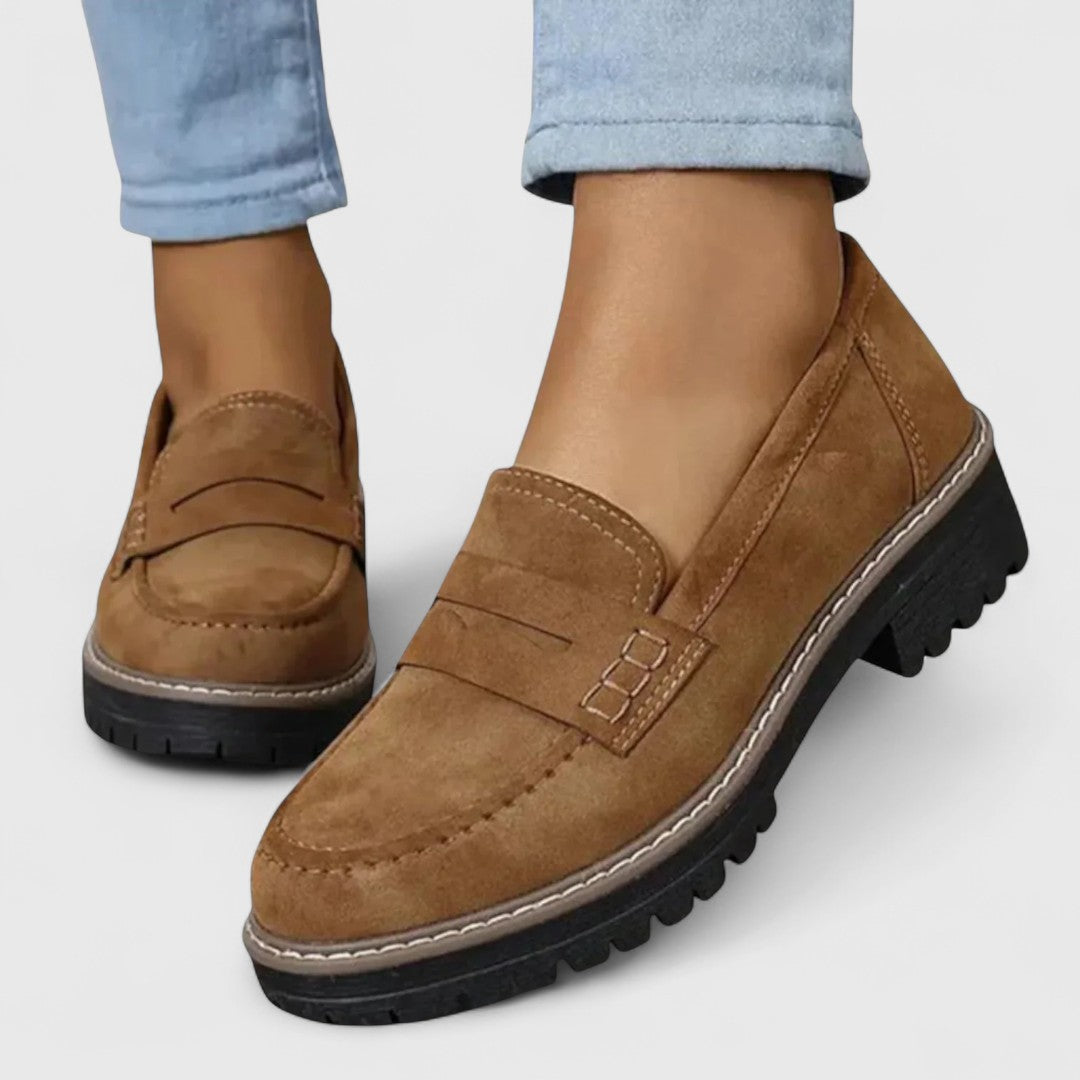 Women’s Suede Penny Loafers - Chunky Lug Sole and Saddle Detail
