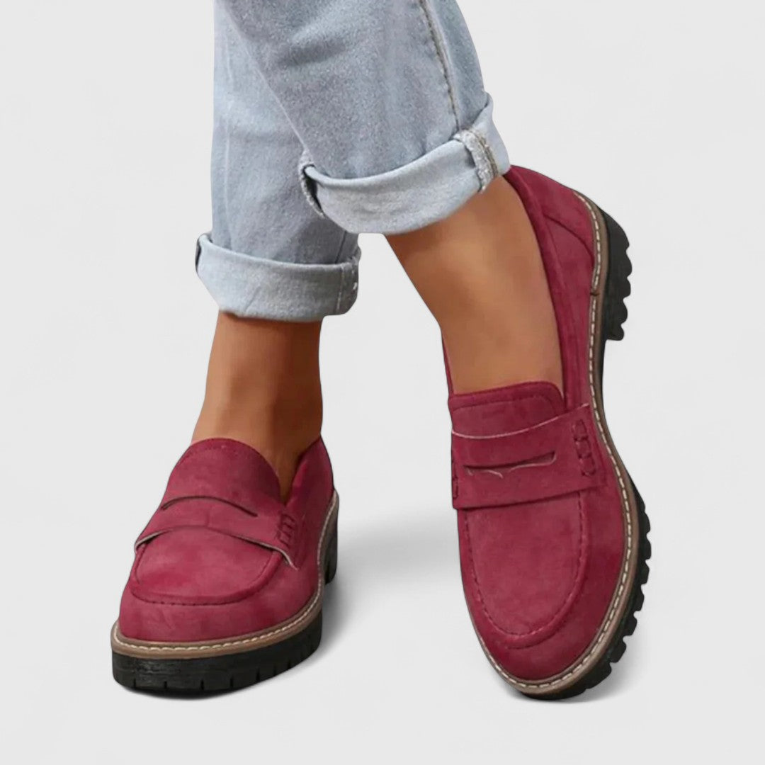 Women’s Suede Penny Loafers - Chunky Lug Sole and Saddle Detail