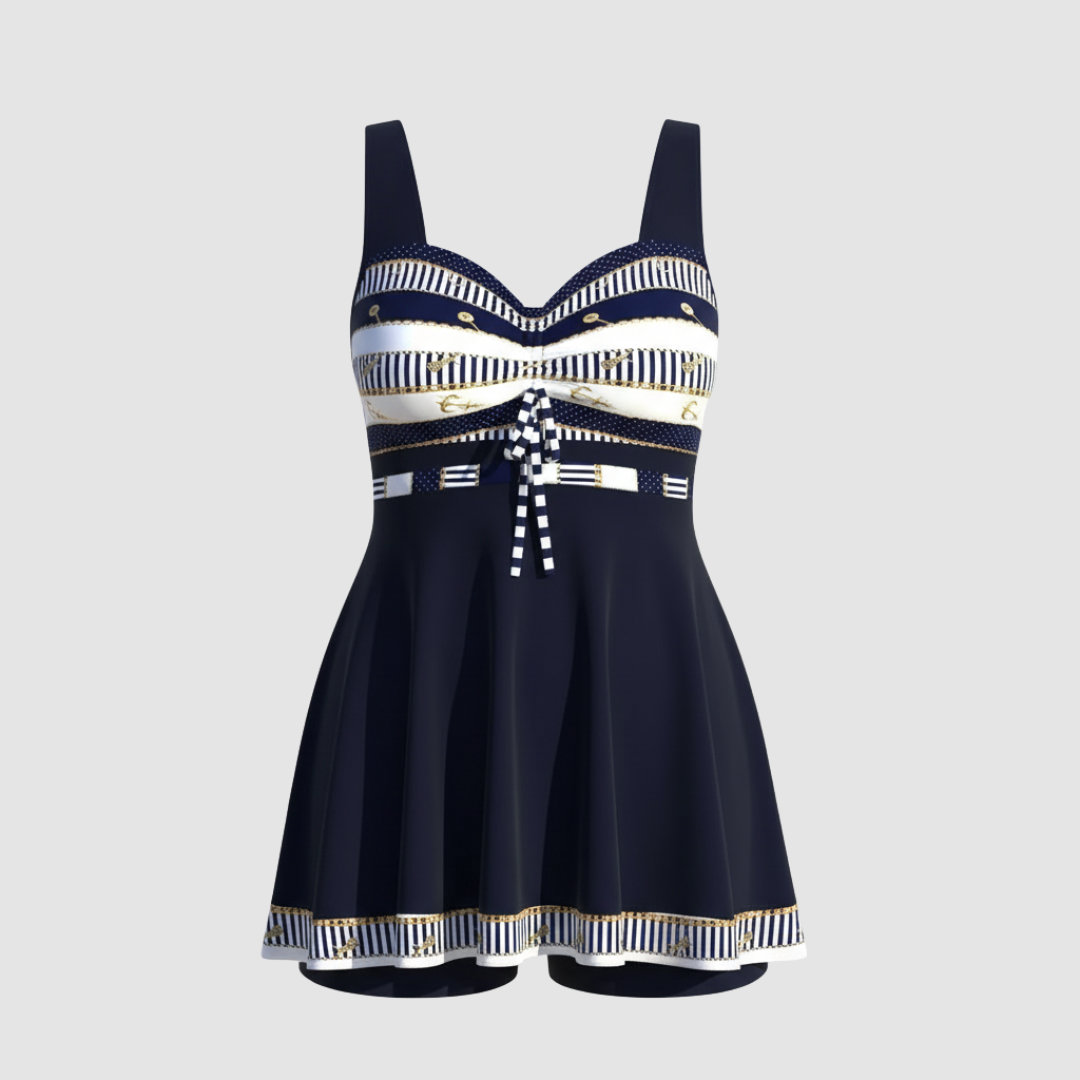 Women's Swim Dress - Nautical Print Bodice and Skirted Hem Detail
