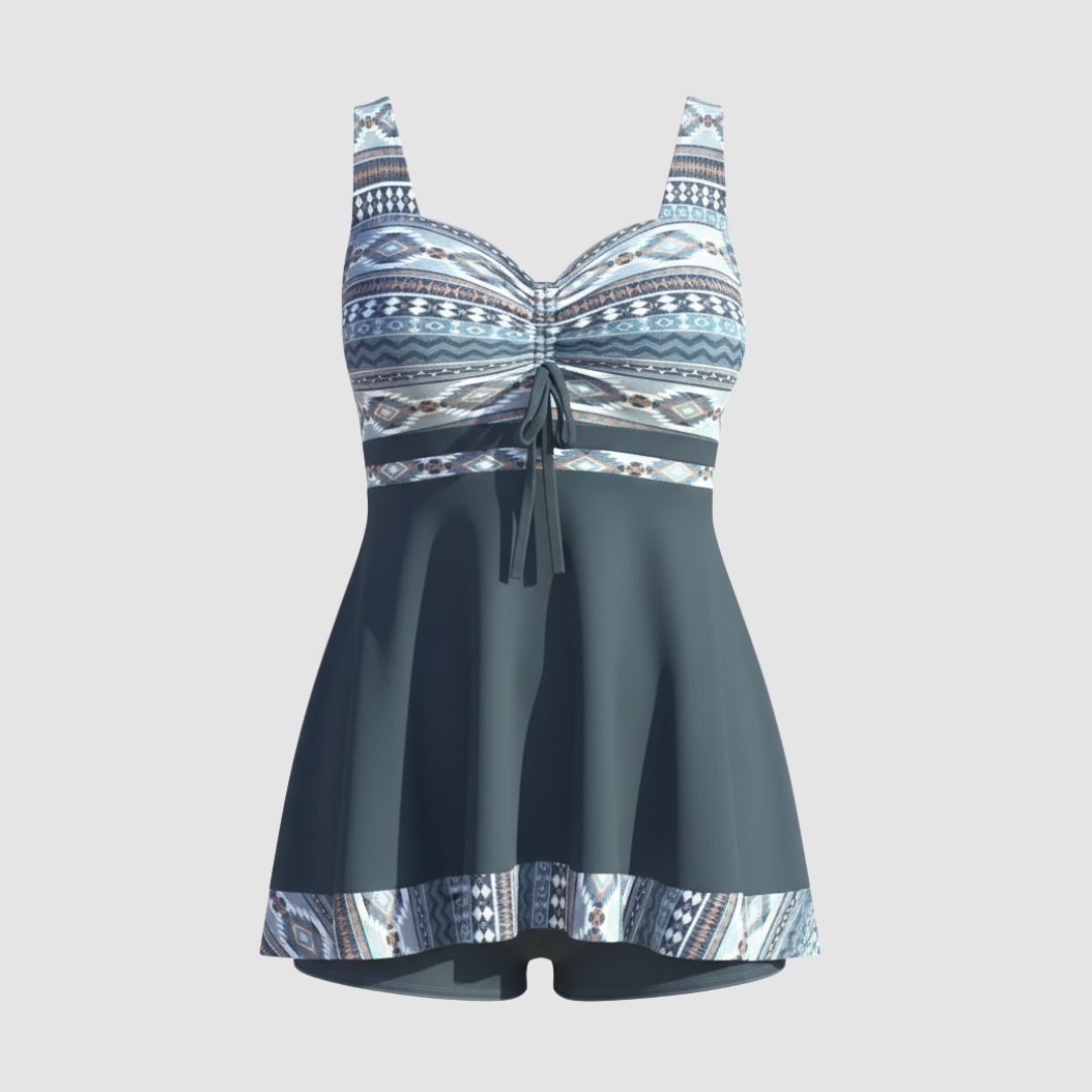 Women's Swim Dress - Nautical Print Bodice and Skirted Hem Detail