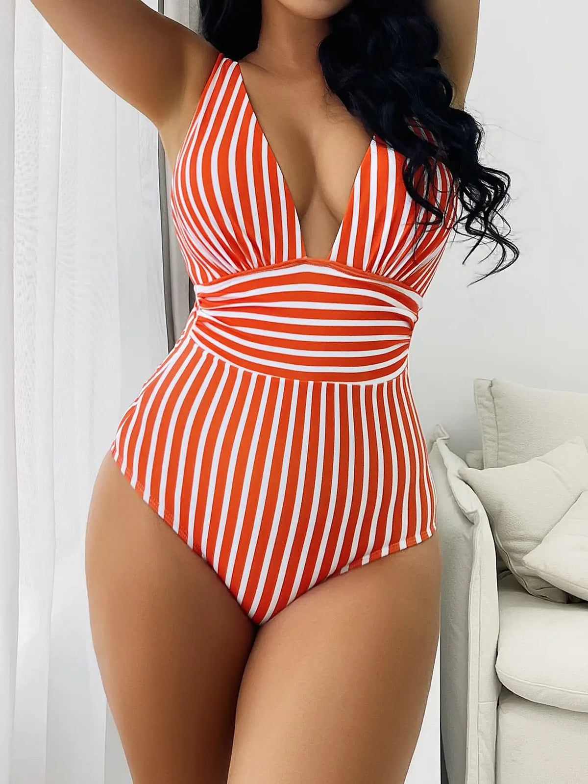 Women's Swimsuit - Vertical Stripe Print and Plunge V-Neck Ruched Detail