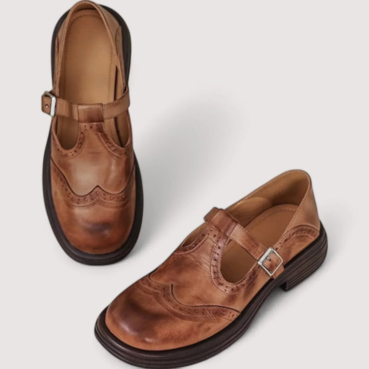 Women's T-Strap Slip-On Oxford Shoes - Burnished Leather Finish