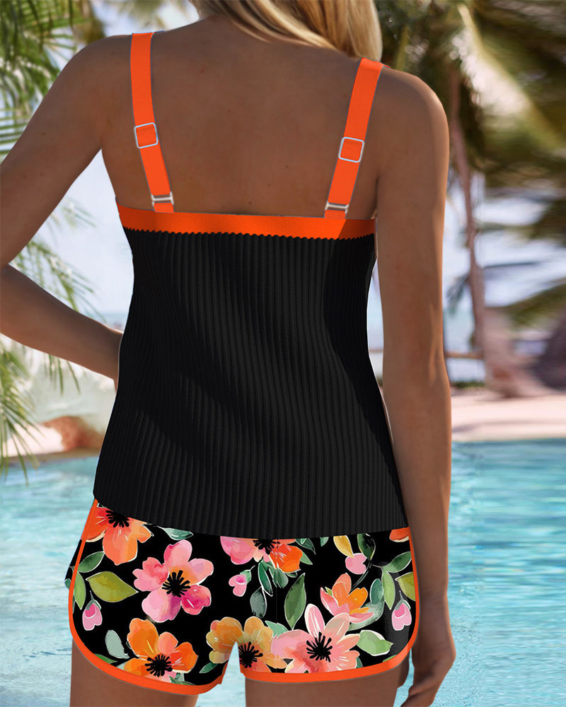Women's Tankini Swimsuit Flattering Swimwear Set Tummy Control Ribbed Top Shorts