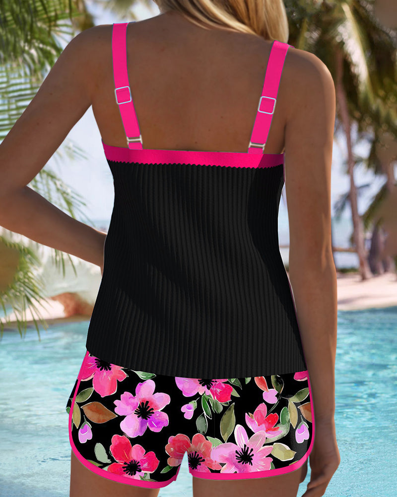 Women's Tankini Swimsuit Flattering Swimwear Set Tummy Control Ribbed Top Shorts