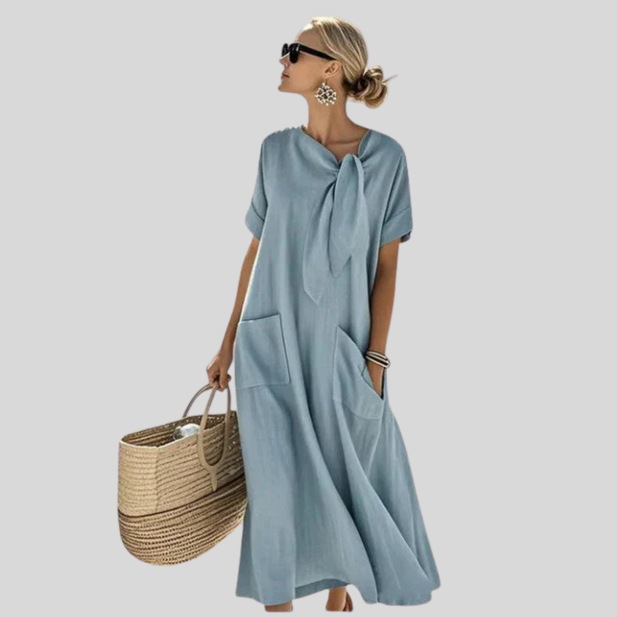 Women's Tie-Neck Loose Fit Linen Maxi Dress - Symmetrical Front Pockets and Rolled Short Sleeves