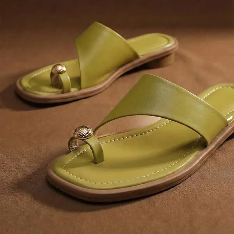 Women's Toe-Ring Block Heel Slide Sandals - Minimalist Leather