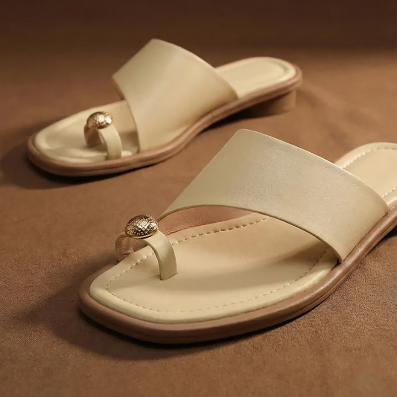 Women's Toe-Ring Block Heel Slide Sandals - Minimalist Leather