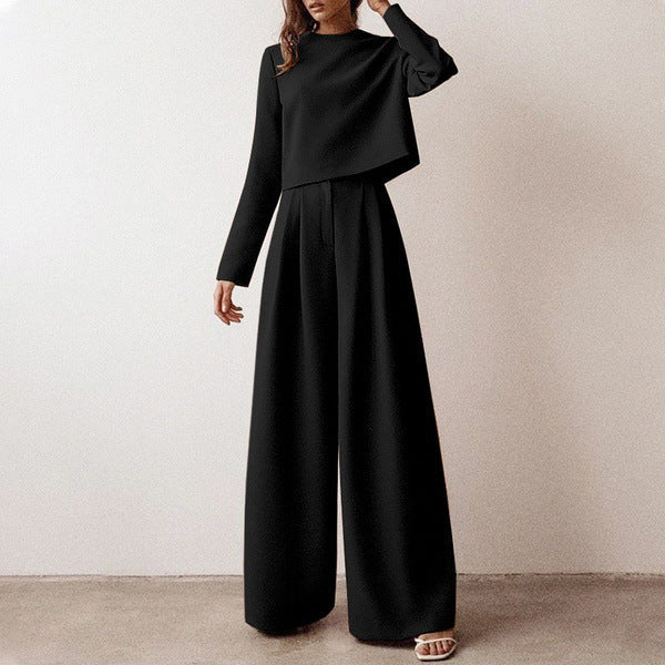 Women's Two-Piece Trouser Set - Long Sleeve Crop Top and Wide Leg Detail