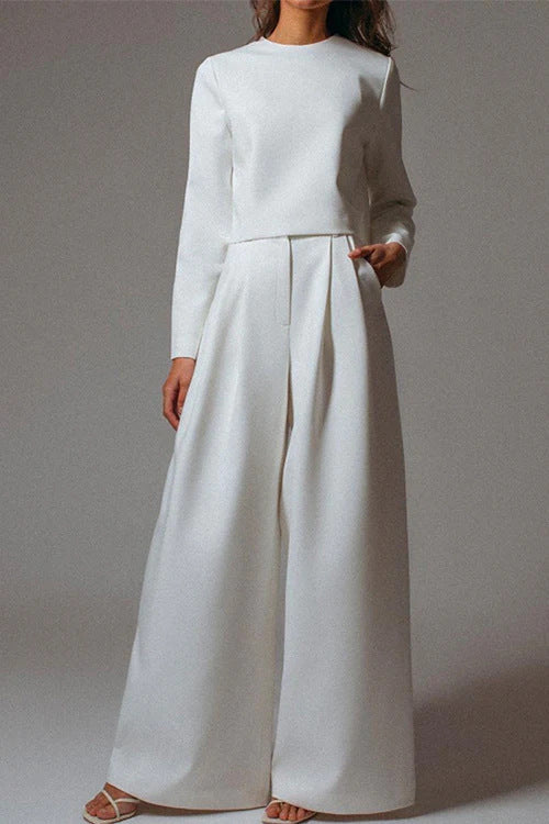 Women's Two-Piece Trouser Set - Long Sleeve Crop Top and Wide Leg Detail