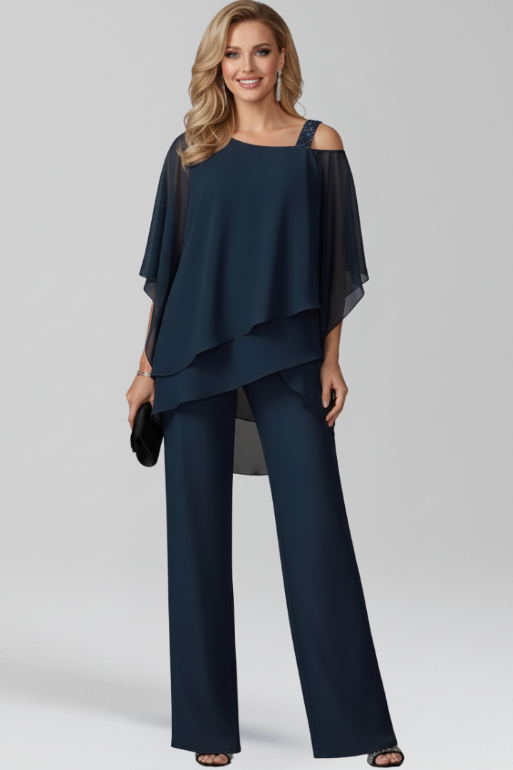 Women's Two-Piece Trouser Set - Layered Asymmetrical Top and Straight Leg Detail
