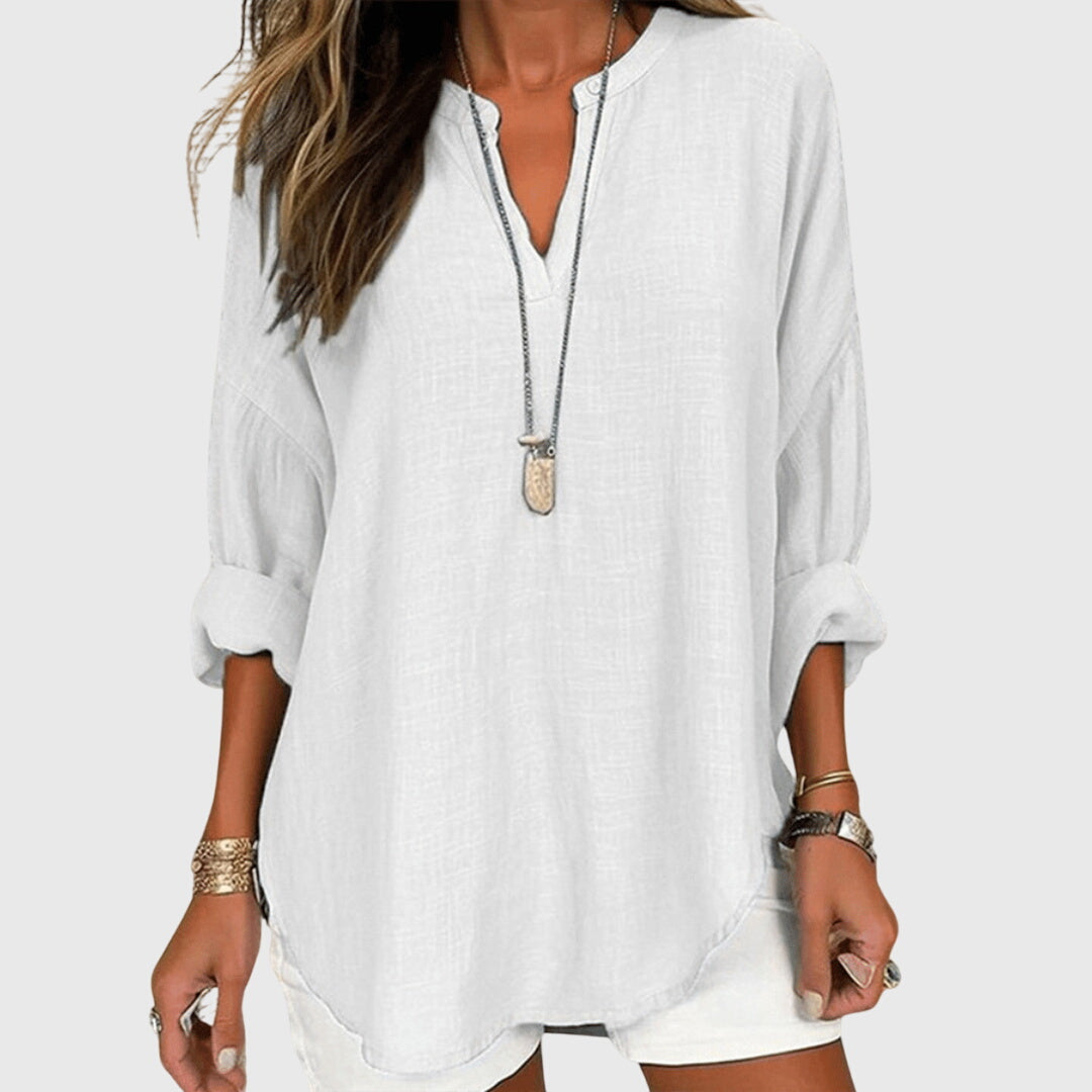 Women's V-Neck Longline Blouse - Roll-Tab Sleeves and Curved Hem Detail