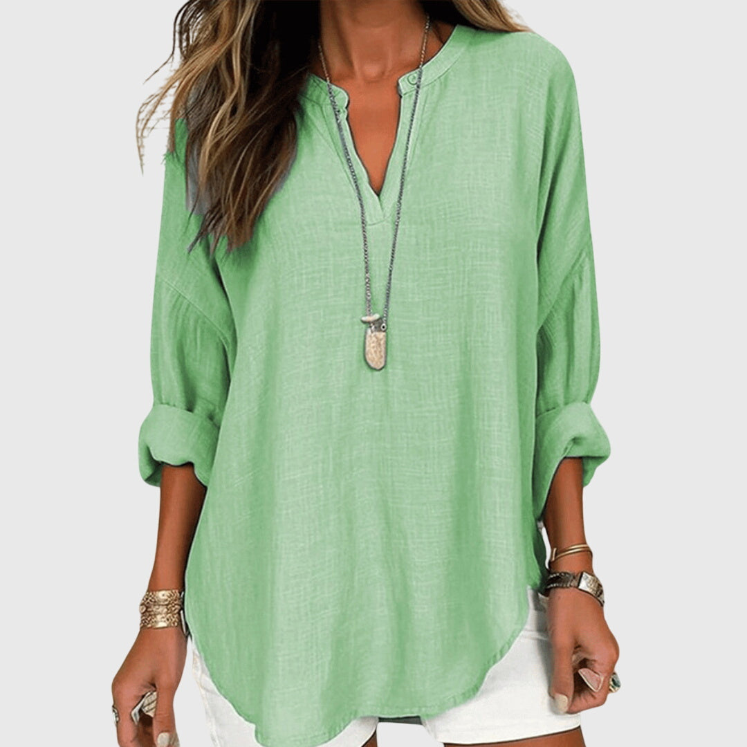 Women's V-Neck Longline Blouse - Roll-Tab Sleeves and Curved Hem Detail