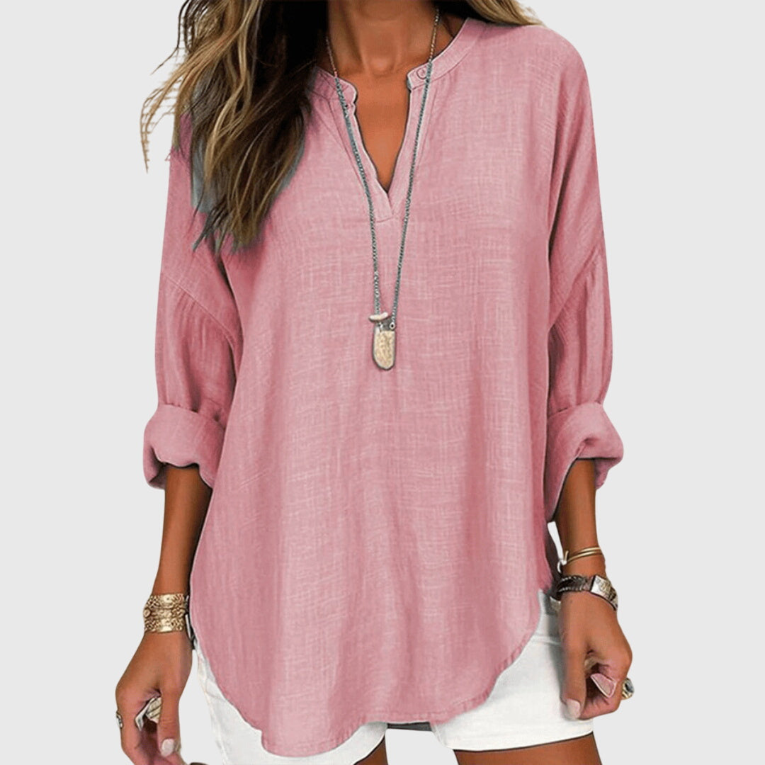 Women's V-Neck Longline Blouse - Roll-Tab Sleeves and Curved Hem Detail