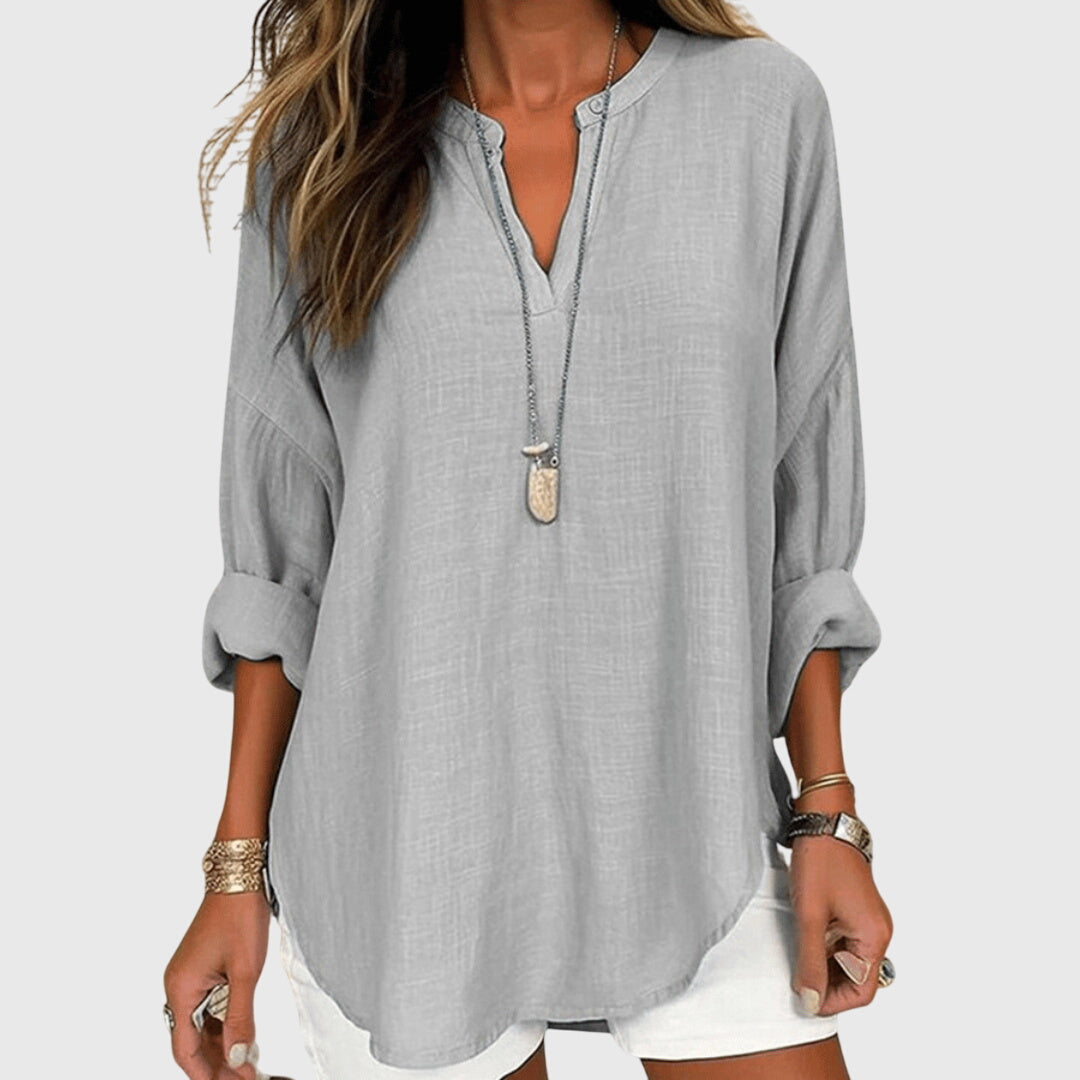 Women's V-Neck Longline Blouse - Roll-Tab Sleeves and Curved Hem Detail