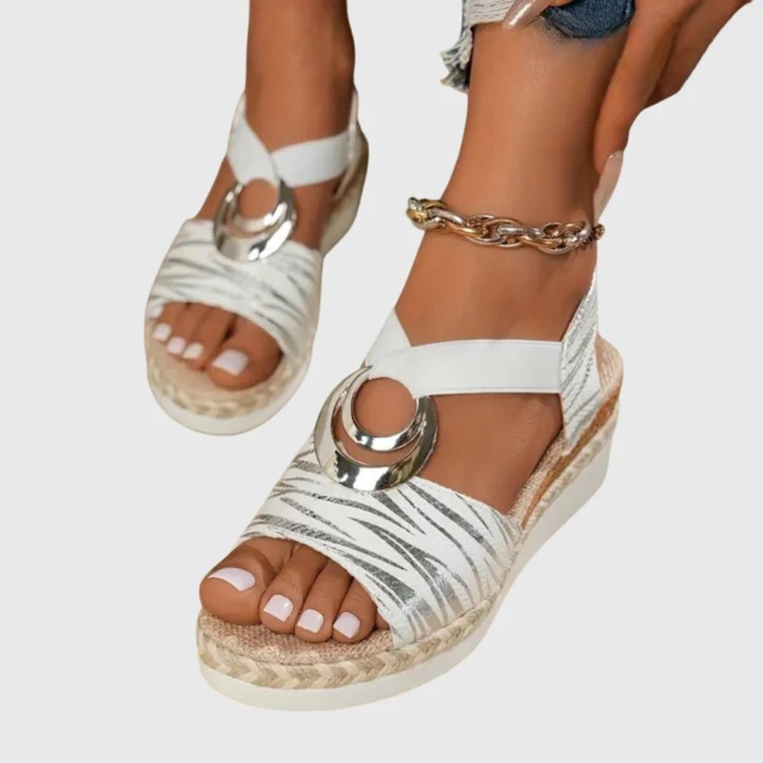 Women's Wedge Sandals - Slingback Elasticated Strap and Espadrille Sole Detail