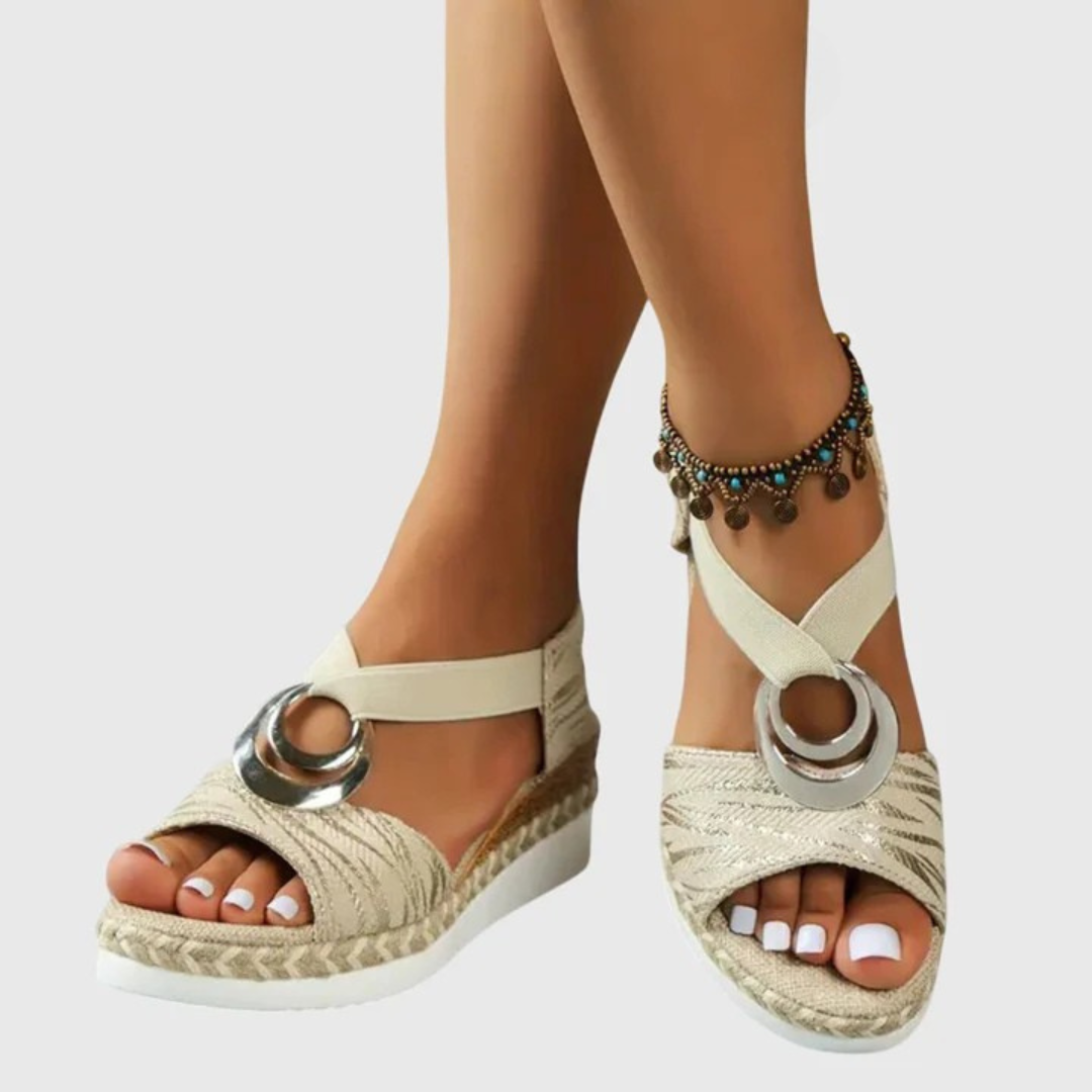 Women's Wedge Sandals - Slingback Elasticated Strap and Espadrille Sole Detail