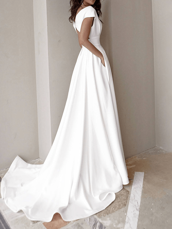 Women's White Wedding Maxi Dress - V-Neckline and High Side Slit Detail