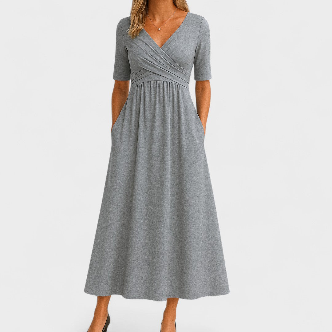 Women's Wrap Front Midi Dress - V-Neck and Short Sleeve Detail