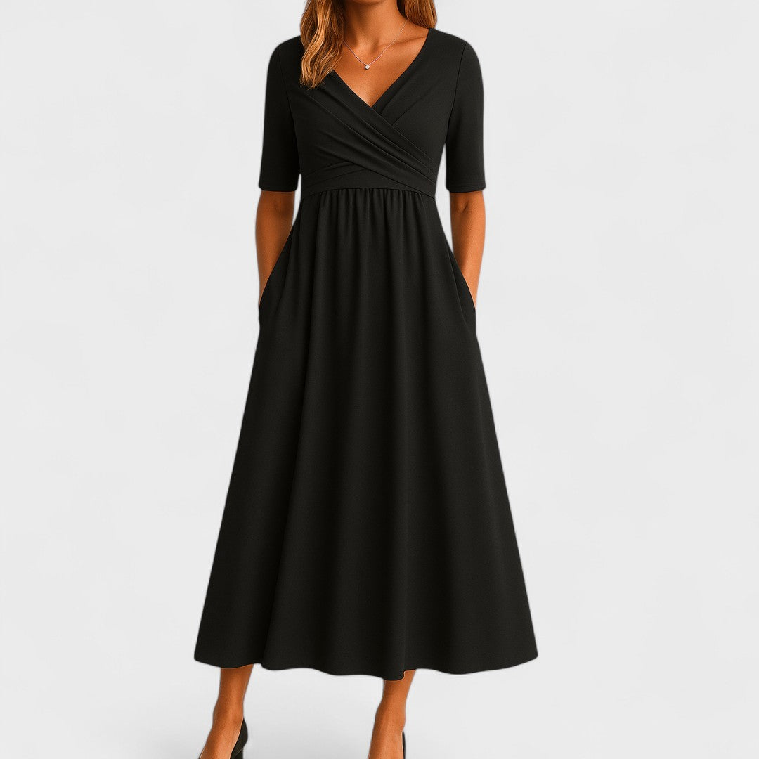 Women's Wrap Front Midi Dress - V-Neck and Short Sleeve Detail