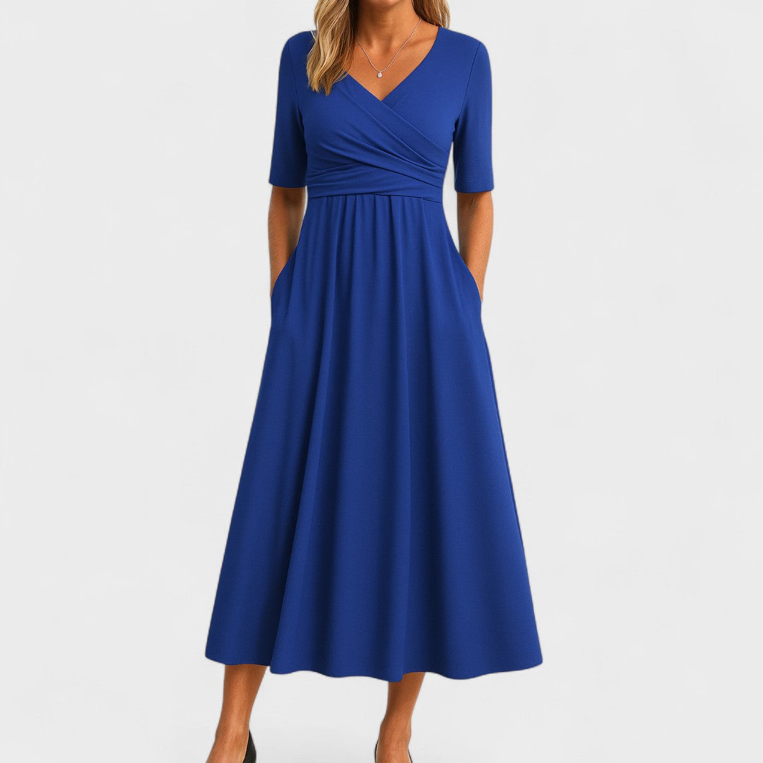 Women's Wrap Front Midi Dress - V-Neck and Short Sleeve Detail