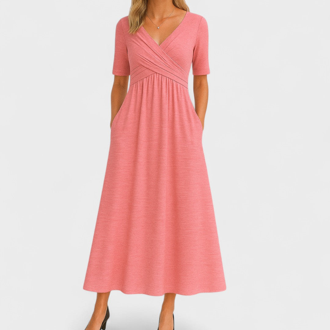 Women's Wrap Front Midi Dress - V-Neck and Short Sleeve Detail