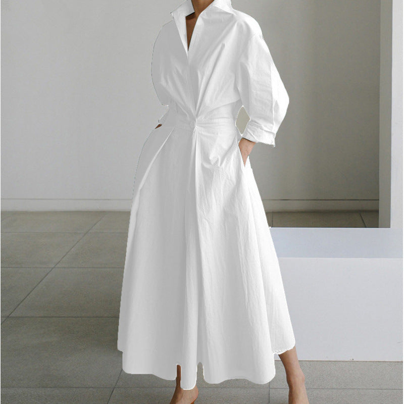 Women's Wrap Midi Dress Collared Long Sleeve