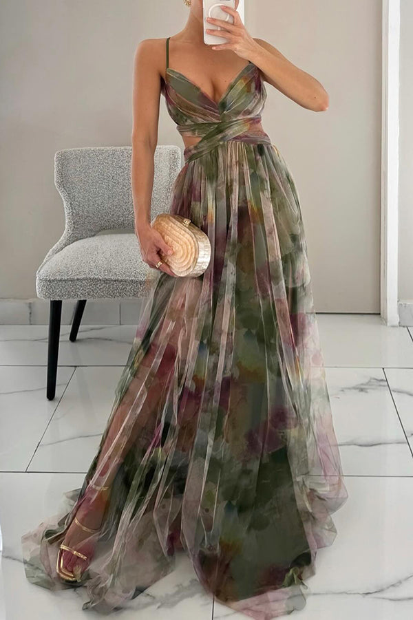 Women's Multicolour Maxi Dress - Thin Strap V-Neck Evening Gown