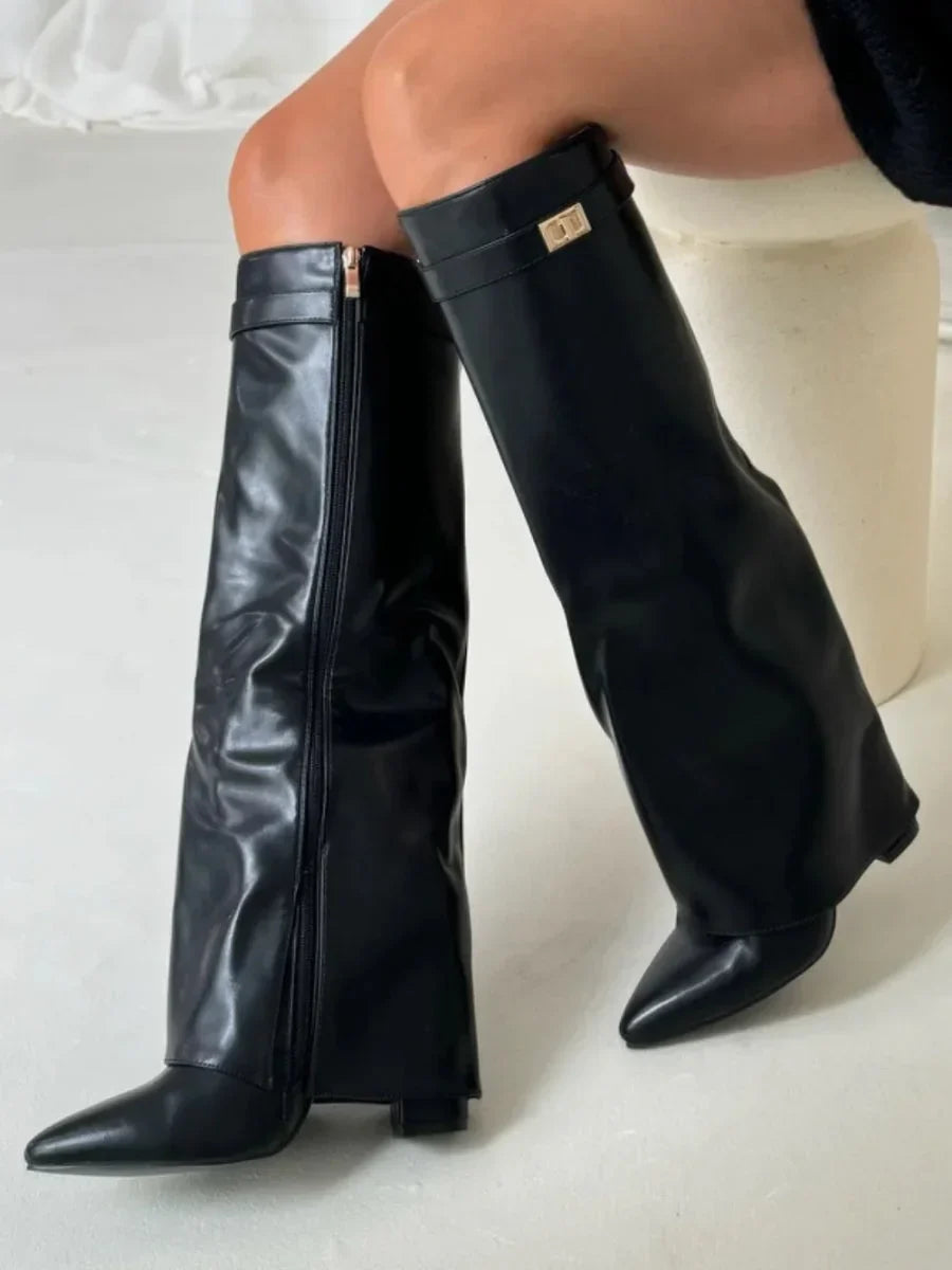 Women's Knee-High Suede Boots - Fold-Over Pointed Toe with Metallic Buckle