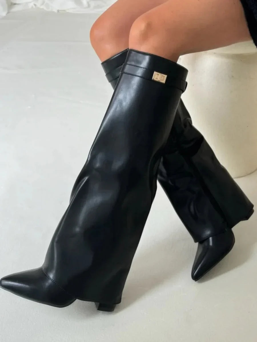 Women's Knee-High Suede Boots - Fold-Over Pointed Toe with Metallic Buckle