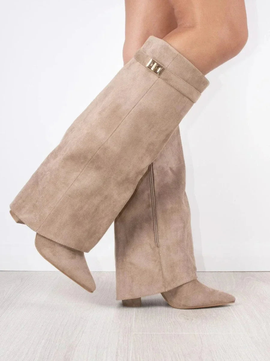 Women's Knee-High Suede Boots - Fold-Over Pointed Toe with Metallic Buckle