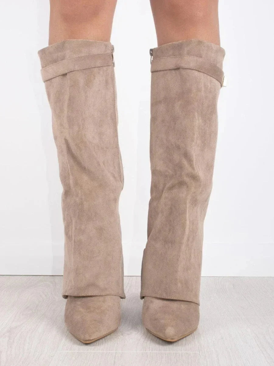 Women's Knee-High Suede Boots - Fold-Over Pointed Toe with Metallic Buckle