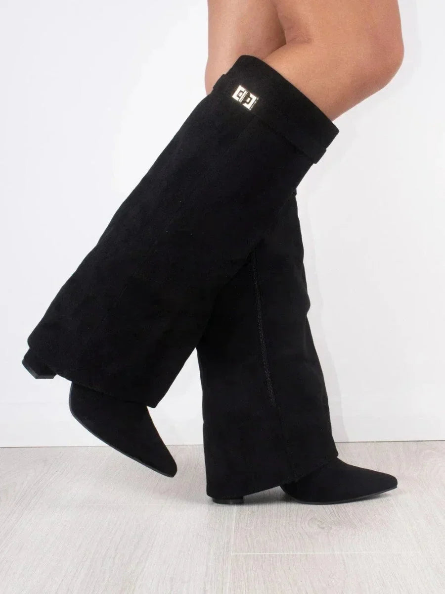 Women's Knee-High Suede Boots - Fold-Over Pointed Toe with Metallic Buckle