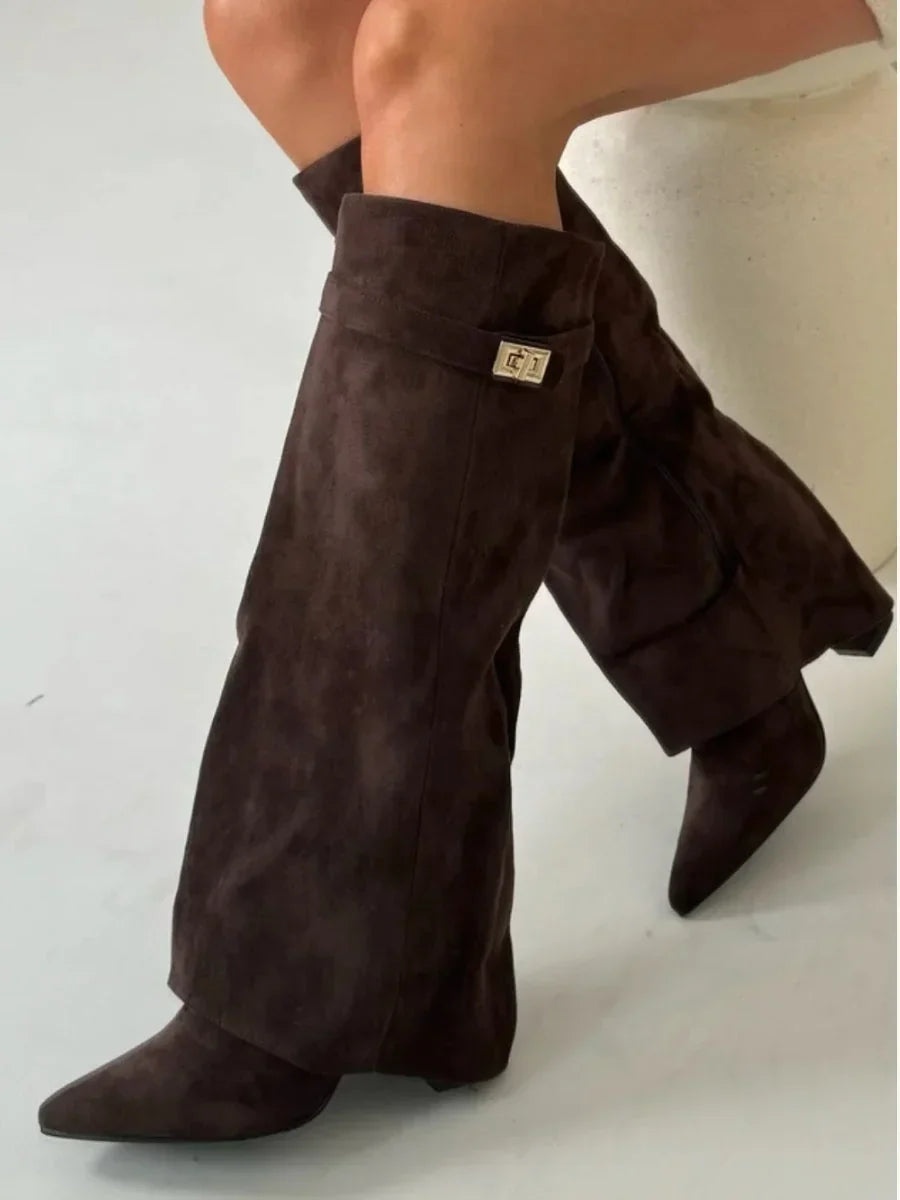 Women's Knee-High Suede Boots - Fold-Over Pointed Toe with Metallic Buckle