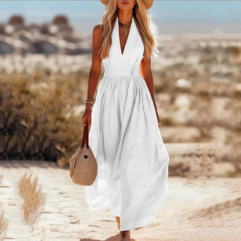 Women's Boho Halter Neck Sleeveless Linen Maxi Dress