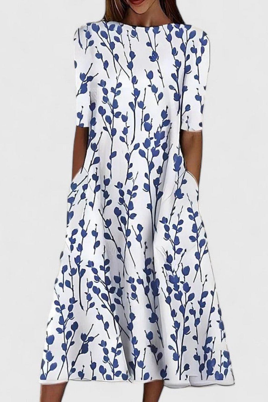 Women's Cotton Floral A-Line Midi Dress with Pockets