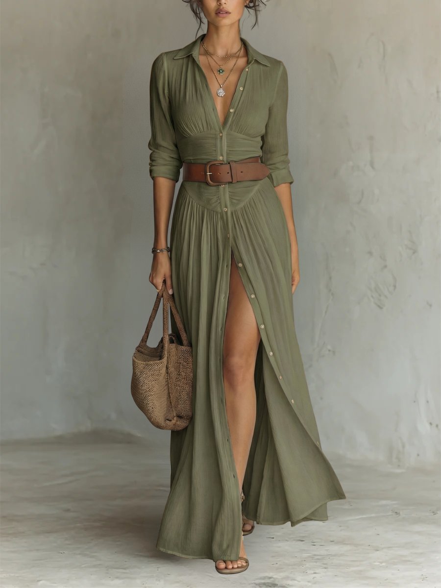 Women's Boho Maxi Shirt Dress with Button Placket and Belt