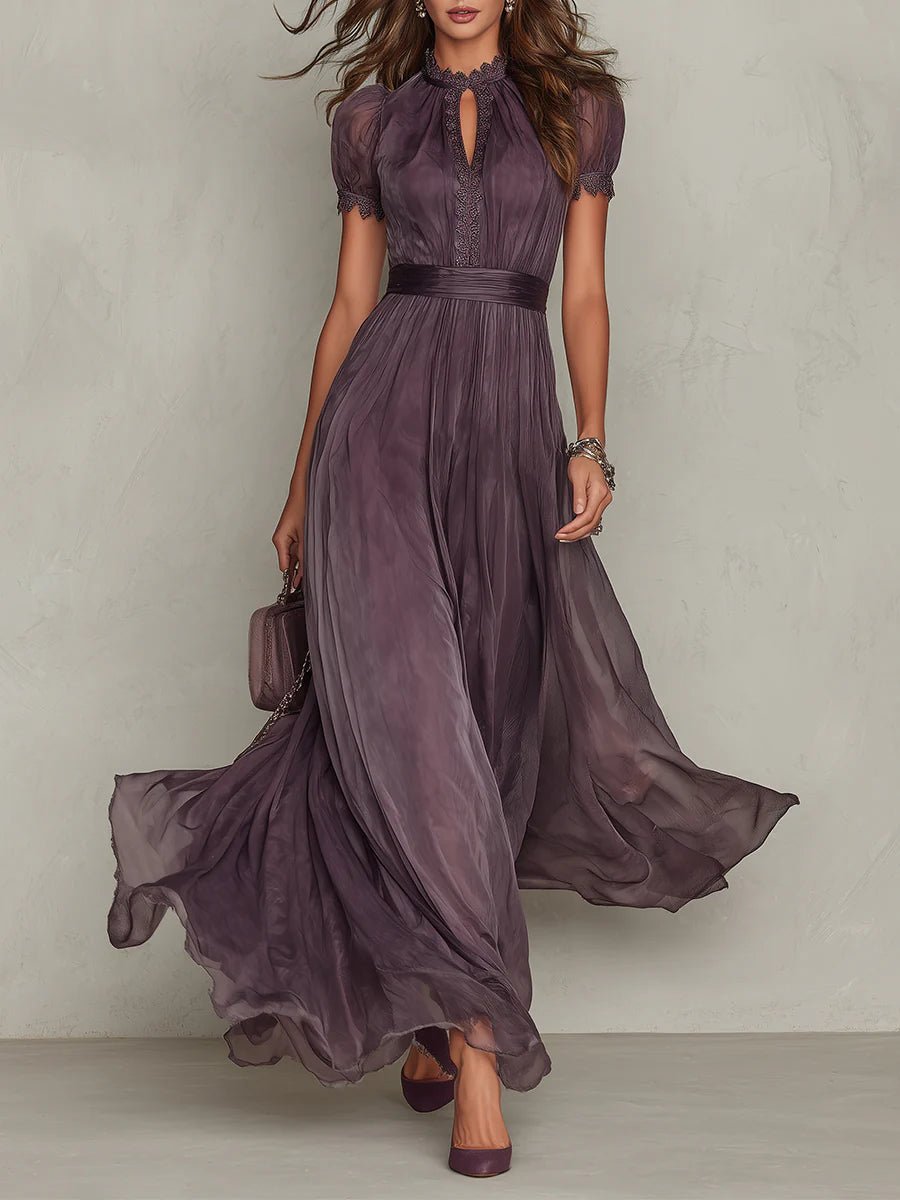 Women's Purple Short Sleeve Keyhole Chiffon Maxi Dress