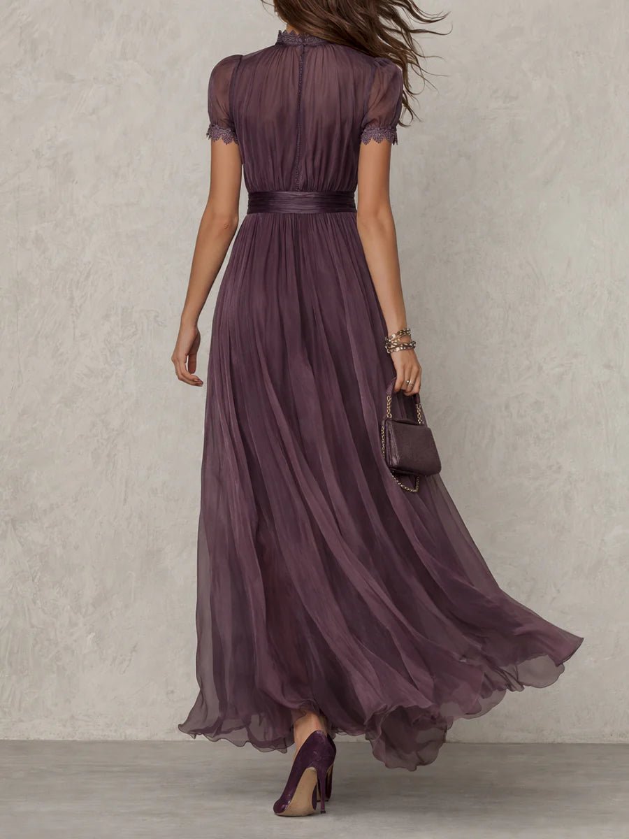Women's Purple Short Sleeve Keyhole Chiffon Maxi Dress