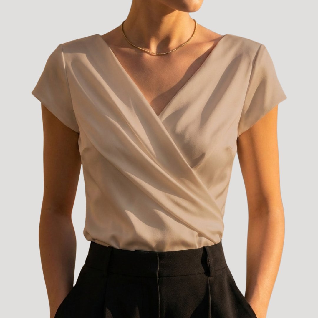 Women's Draped Wrap Blouse - V-Neck Cap Sleeve